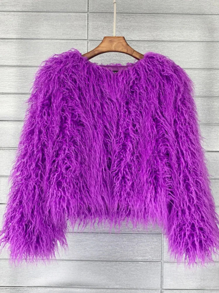 Colorful Warm Faux Women Fur Coat  Black White Pink Plush Coat Female Jacket Fur Autumn Winter Shaggy Outerwear High Street 2025