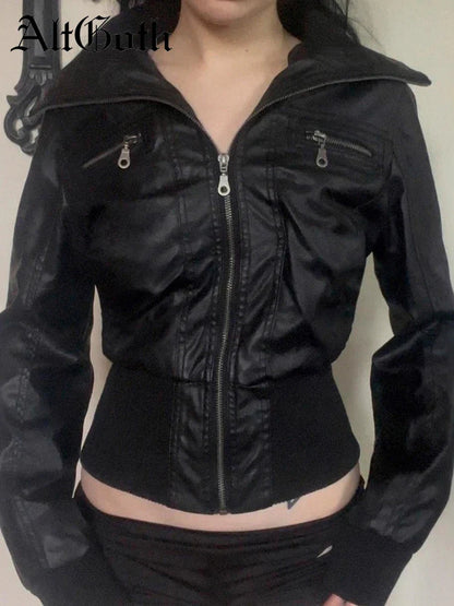 AltGoth Amercian Vintage Pu Leather Jacket Women Streetwear Harajuku Grunge Emo Alternative Grunge Zipper Casual Coats Female