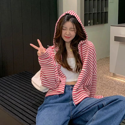 2000S American Vintage Striped Loose Long Sleeve Hooded Sweatshirt Y2k Subculture Casual Zip Up Hooded Cardigan Harajuku Coats
