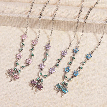 Summer New Fashion Exquisite Bow Leaf Flower Necklace For Women's Elegant Pink Zircon Chain Pendant Jewelry Gifts