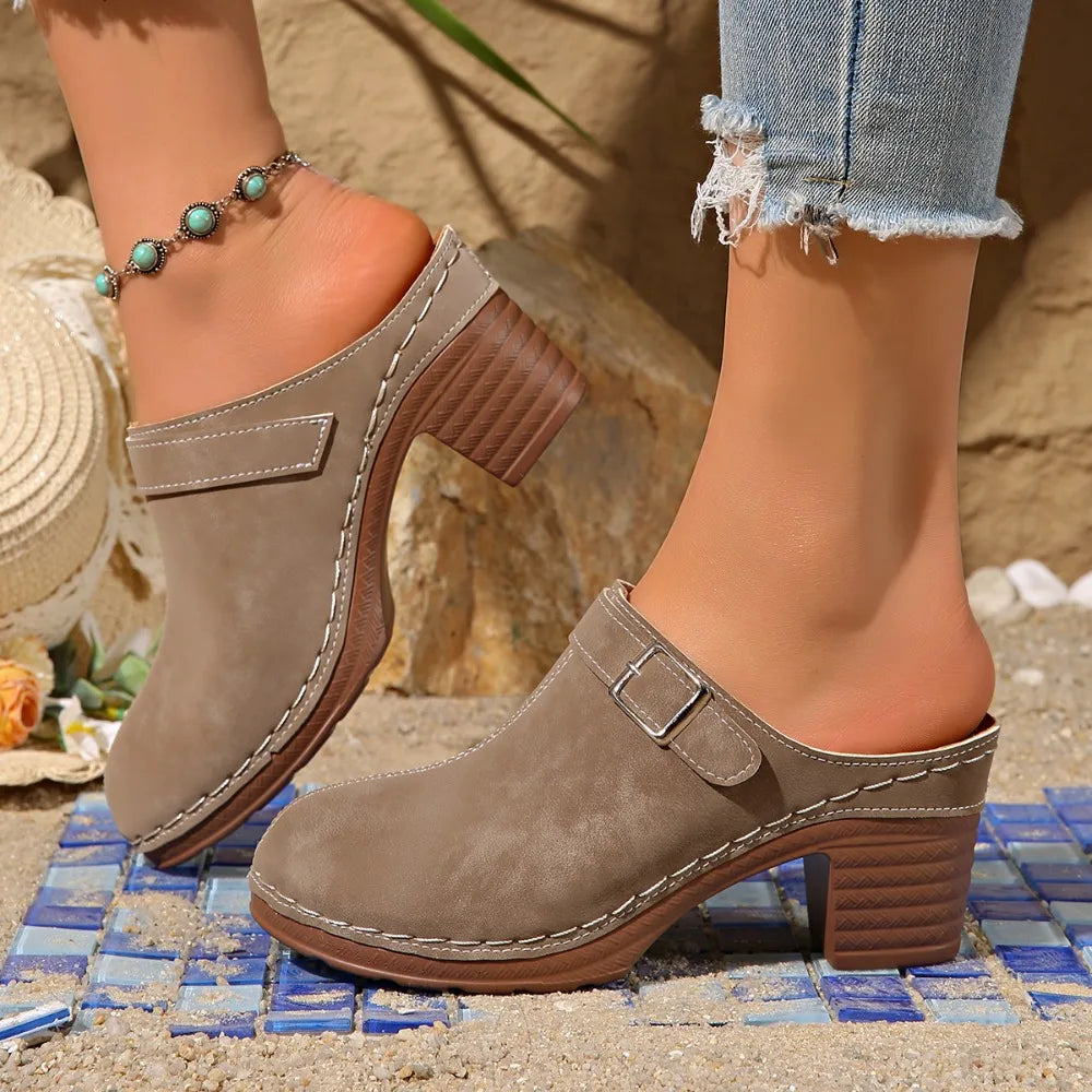 Slippers Women 2026 Summer New Plus Size Round Toe Women's Sandals Outdoor Rome Ladies Shoes Buckle Chunky Heel Slippers