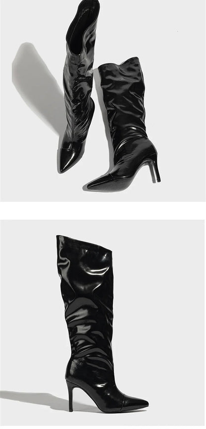 Liyke Fashion Runway Pleated Patent Leather Boots Female Pointed Toe Stiletto Heels Pumps Autumn Winter Knee High Shoes Women