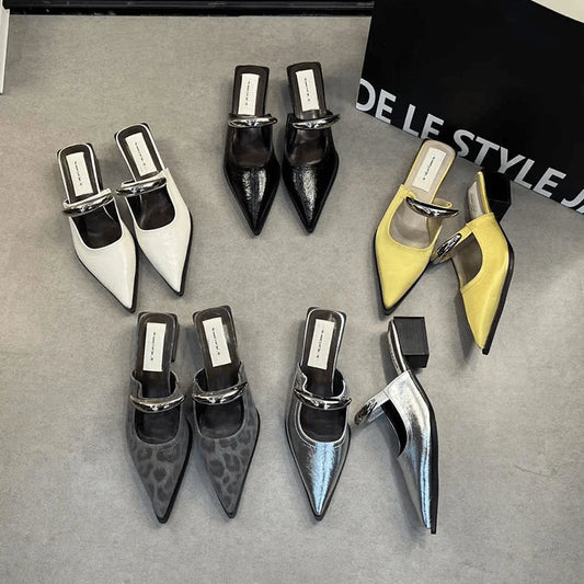 Summer Women Cover Toe Mules Slippers Fashion Metal Decoration Thick Heel Slide Shoes Comfort Street Style Footwear