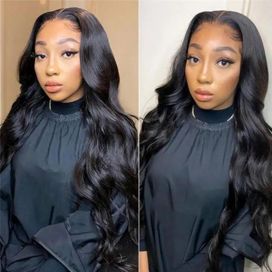 Natural Black Body Wave Remy Human Hair Wigs Lace Front Wig Pre Plucked Hairline 180% Density HD Transparent Lace Frontal Wig