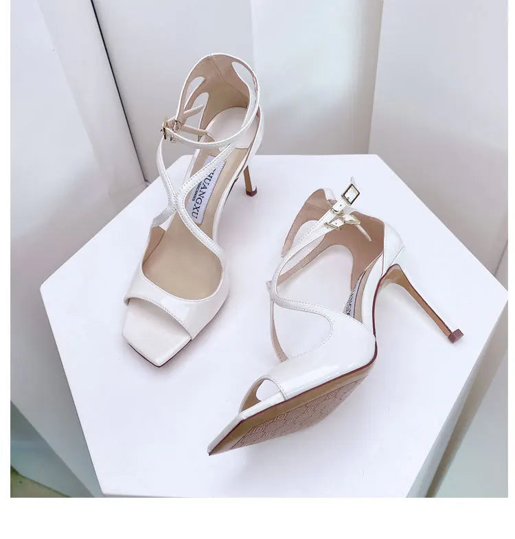 Luxury Sequined Women Gladiator Sandals Summer Designer Shoes for Women 2026 Square Head Hollow High Heels Fashion Ladies Shoes