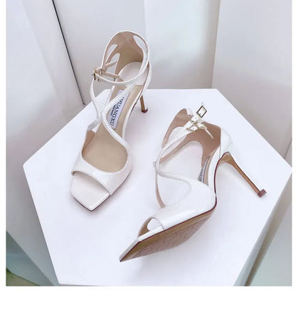 Luxury Sequined Women Gladiator Sandals Summer Designer Shoes for Women 2026 Square Head Hollow High Heels Fashion Ladies Shoes
