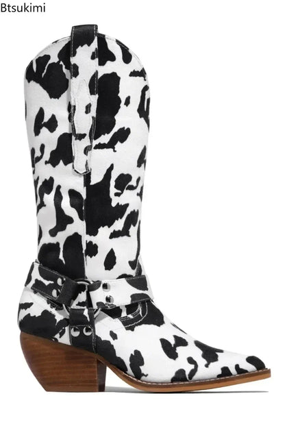 New 2026 Women's Western Cowboy Boots Flock Cow Print Chunky Heel Pointer Toe Western Boots Casual Female Boots Botas Femininas