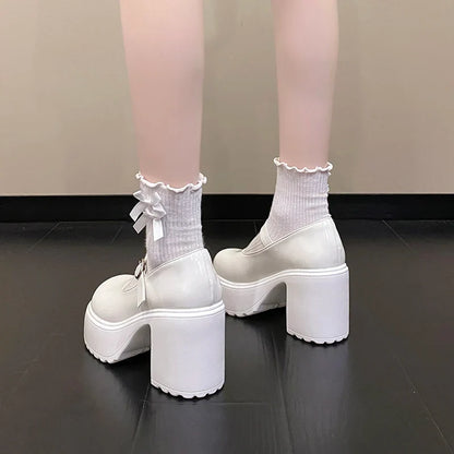 Black Super High Heels Mary Jane Shoes Women 2026 Goth Chunky Platform Pumps Woman Plus Size Ankle Buckle Party Lolita Shoes 42