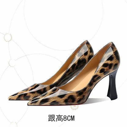 10cm/8cm Patent Leather Leopard Square High Heels,Women Pumps,Sexy Shallow Shoes,Pointed Toe,Slip On,Brown,Size 35-43,Dropship