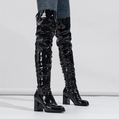 Hlieny 2026 Winter New Thigh High Boots Fashion Patent Leather Round Toe Zip Female Square Heels Pleated Design Women's Shoes