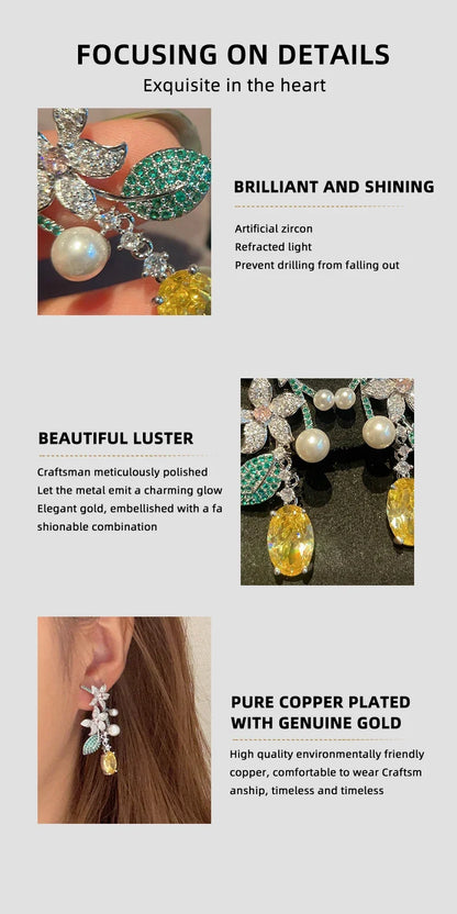 SUYU New Holiday Style Long Vintage Flower Earrings Female Leaf Yellowcrystal Forest Earrings