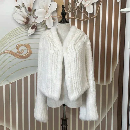 Real Rabbit Fur Hooded Coat Long Sleeve Women Casual Loose Knitted Genuine Fur Jacket With Hood Female Natural Fur Outwear