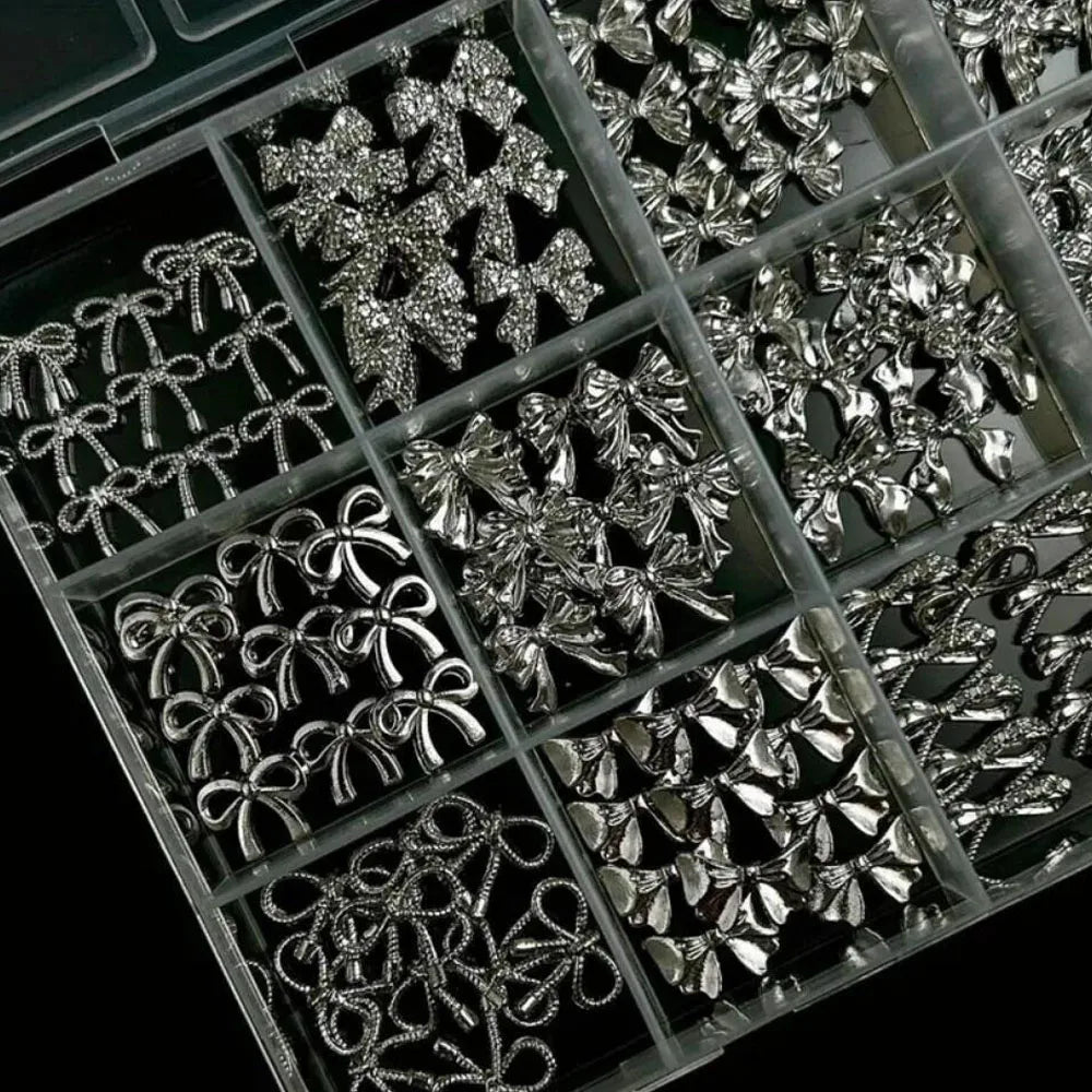 120Pcs/Box 3D Silver Exquisite Bowknot Nail Charms Simple Alloy Ribbon Bowtie Nail Art Decorations DIY Luxury Manicure Accessory