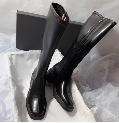 Vintage Thick Heel Women Knee High Boots Fashion Side Zippers Shoes Autumn Winter Ladies Concise Long Botas De Mujer