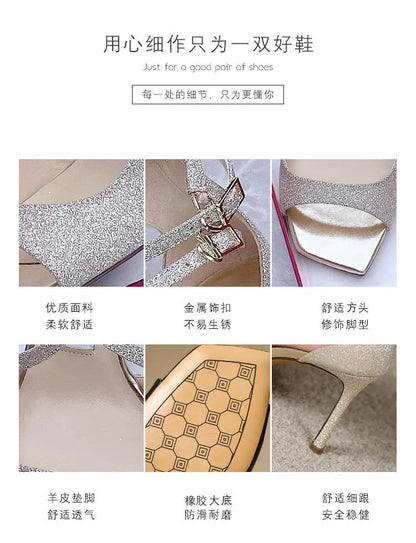 Luxury Sequined Women Gladiator Sandals Summer Designer Shoes for Women 2026 Square Head Hollow High Heels Fashion Ladies Shoes