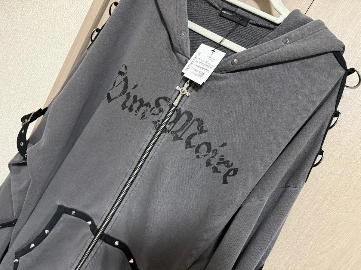 Streetwear Harajuku Hoodies Jackets Women's Clothing Hooded Punk Zipper Coat Japanese Rivet Print Vintage Casual Y2k Sweatshirts