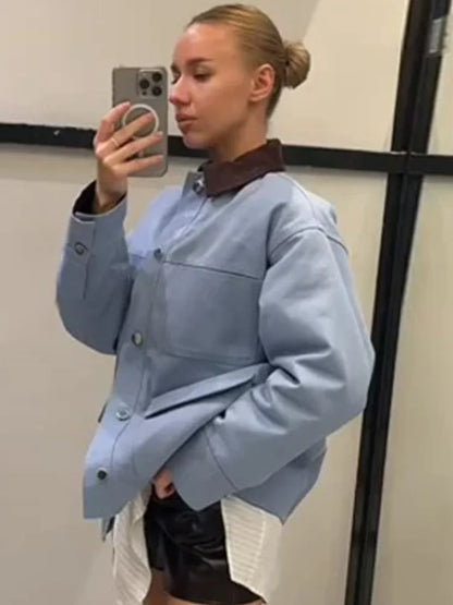 Women Blue Casual Multiple Patch Pocket Jacket Chic Corduroy Collar Single Breasted Short Coat 2026 Lady Daily Spring Wear New