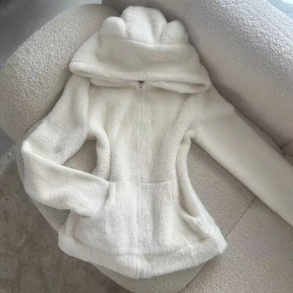 2025 Kawaii Plush Hoodie Women Bear Ear Zip Jacket Soft Warm Fleece Coat Korean Sweet Girl Winter Outerwear Cute Fashion Trend