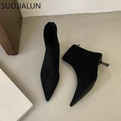 SUOJIALUN 2024 Winter New Brand Women Short Boots Fashion Pointed Toe Ladies Elegant Ankle Boots Thin High Heel Dress Pumps Shoe