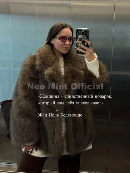 Neo Mint Ins Hot Fashion Girls Oversized Gradient Fur Coat Women 2024 Winter Thick Warm Outerwear Fluffy Faux Fox Fur Jacket