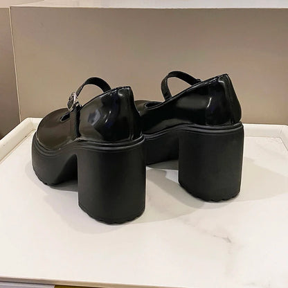 Black Super High Heels Mary Jane Shoes Women 2026 Goth Chunky Platform Pumps Woman Plus Size Ankle Buckle Party Lolita Shoes 42