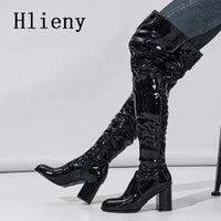 Hlieny 2026 Winter New Thigh High Boots Fashion Patent Leather Round Toe Zip Female Square Heels Pleated Design Women's Shoes
