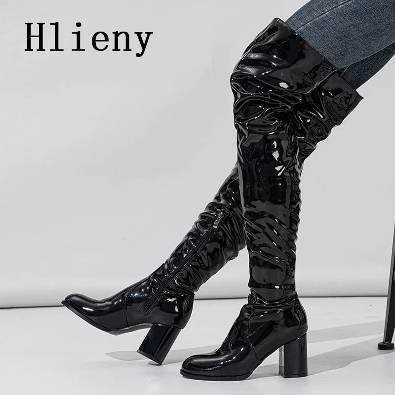 Hlieny 2026 Winter New Thigh High Boots Fashion Patent Leather Round Toe Zip Female Square Heels Pleated Design Women's Shoes
