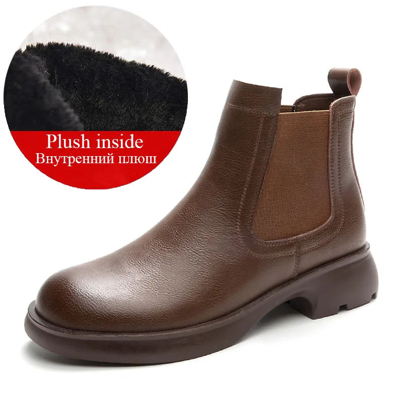 DRKANOL Fashion Women Thick Heel Ankle Boots Autumn Winter Warm Shoes Round Toe Real Cowhide British Style Slip On Chimney Boots