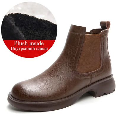 DRKANOL Fashion Women Thick Heel Ankle Boots Autumn Winter Warm Shoes Round Toe Real Cowhide British Style Slip On Chimney Boots