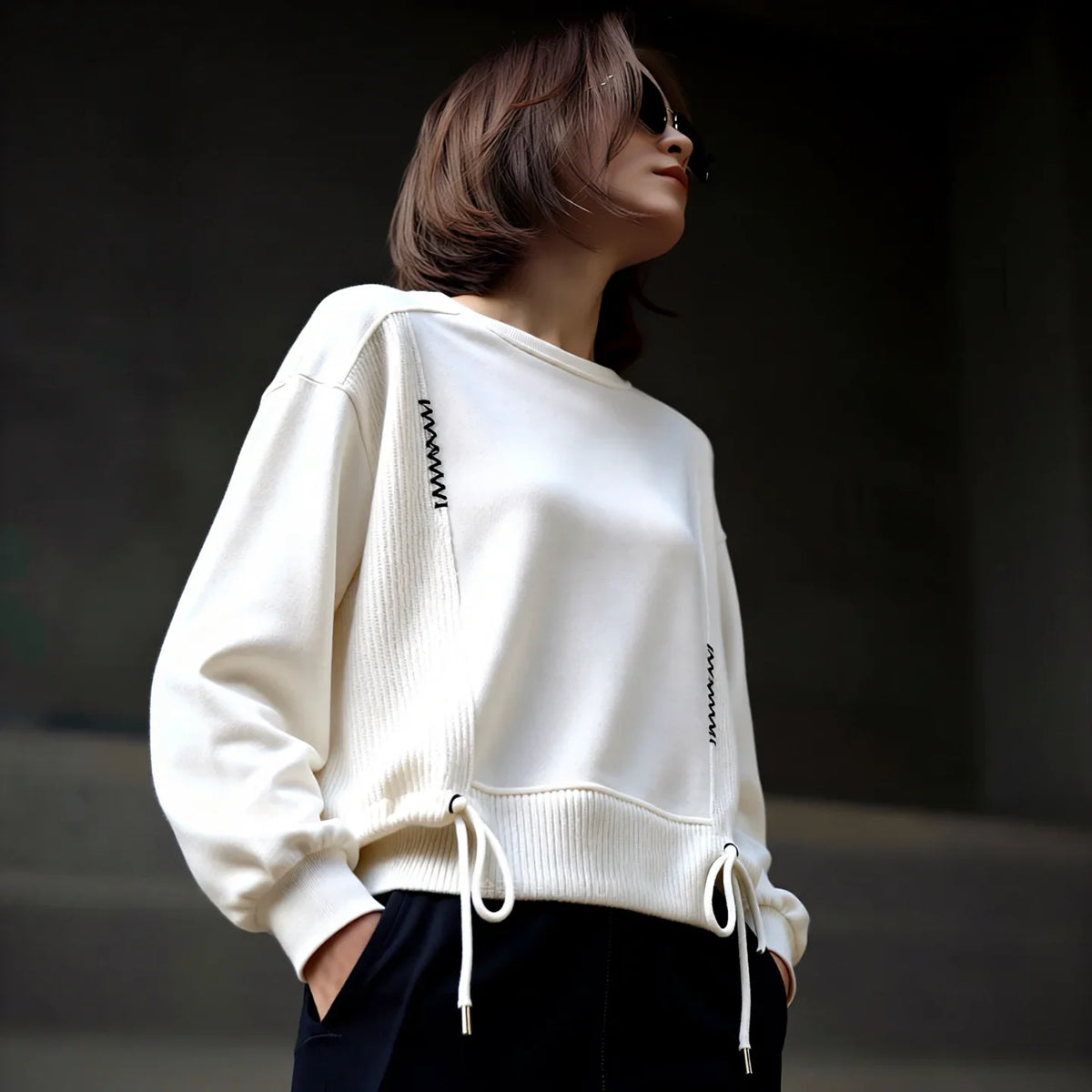 White Hoodie Women Long Sleeve Drawstring Casual Sweatshirts