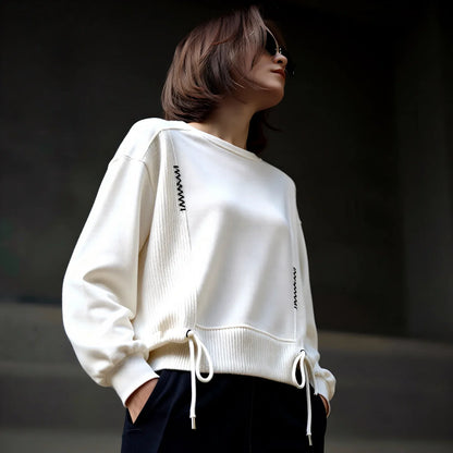 White Hoodie Women Long Sleeve Drawstring Casual Sweatshirts