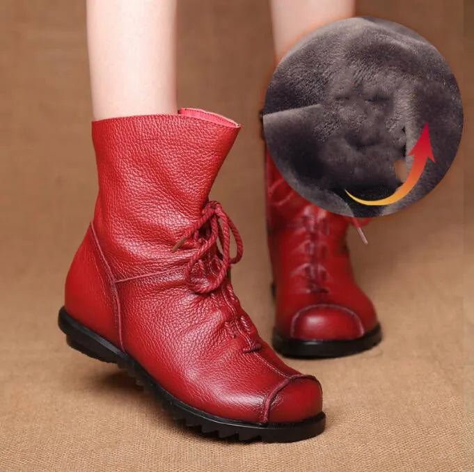 Genuine Leather Plush women's short Boots Retro Casual Autumn Winter Women Boots Waterproof warm Snow boots Plus Size 42