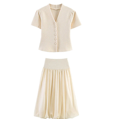 Summer minimalist style V-neck slim fit structured knit short sleeved knitted jacket with suspender short top and half skirt