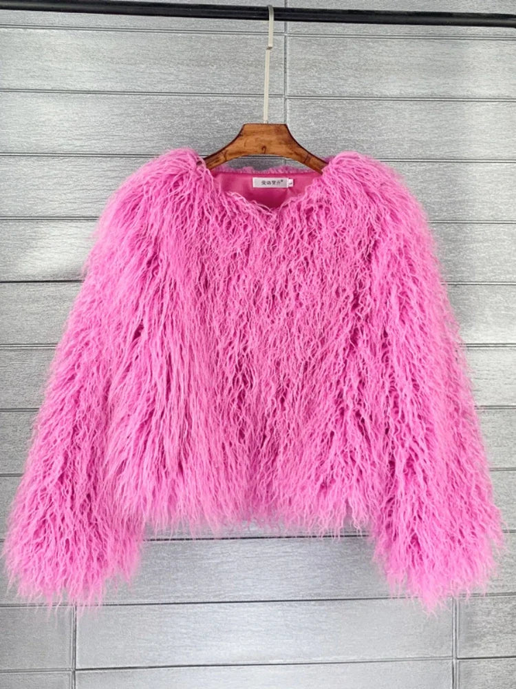 Colorful Warm Faux Women Fur Coat  Black White Pink Plush Coat Female Jacket Fur Autumn Winter Shaggy Outerwear High Street 2025