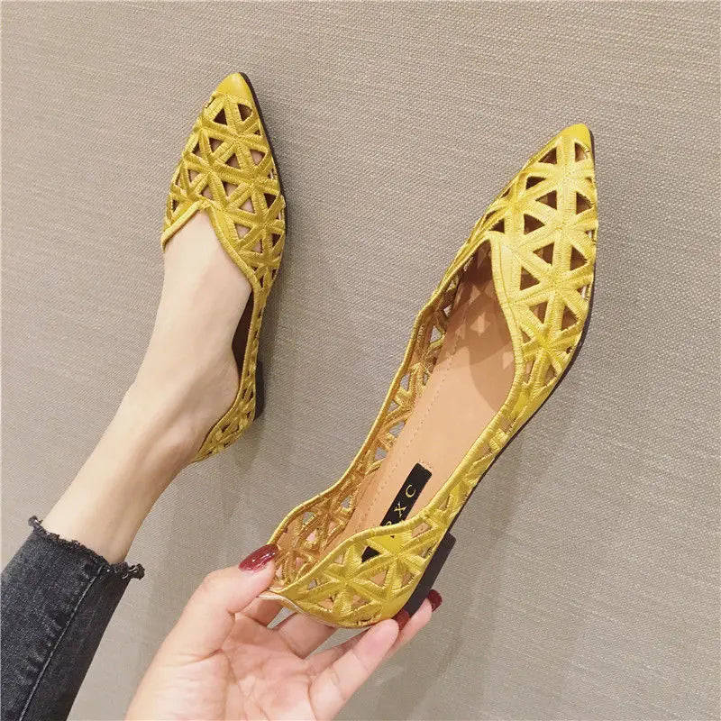 Flat Shoes Women 2026 Summer Pointy Joker Hollow Leisure Commuter Flat Spring Elegant Women's Shoes Breathable Hole Shoes