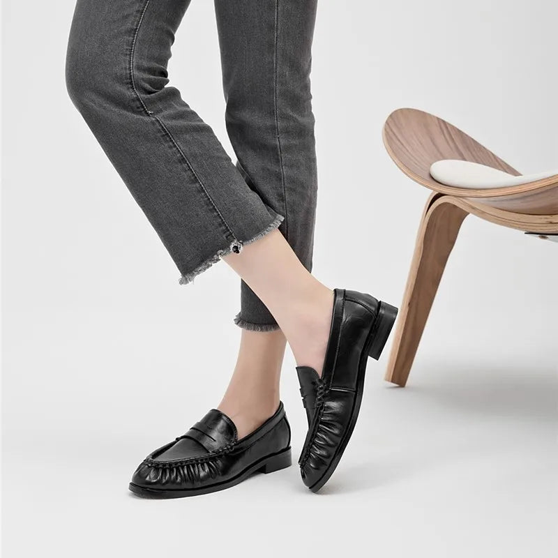 Lady Loafers 2026 Model Handcrafted Retro Pleated Single Shoes for Women, Women's Low-Heeled Leather Suede Shoes