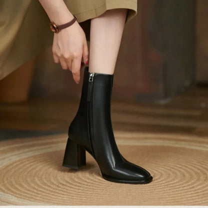 2024 Autumn and Winter New Fashion Square Head Retro High Thick Heel Side Zipper Skinny Short Boots Women's All-match Nude Boots