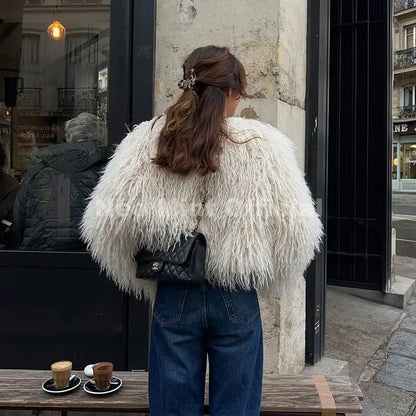 Neo Mint Chic Street Girls Round Neck Faux Mongolia Sheep Fur Coat Women 2025 Winter Fluffy Warm Fur Jacket Cropped Outerwear
