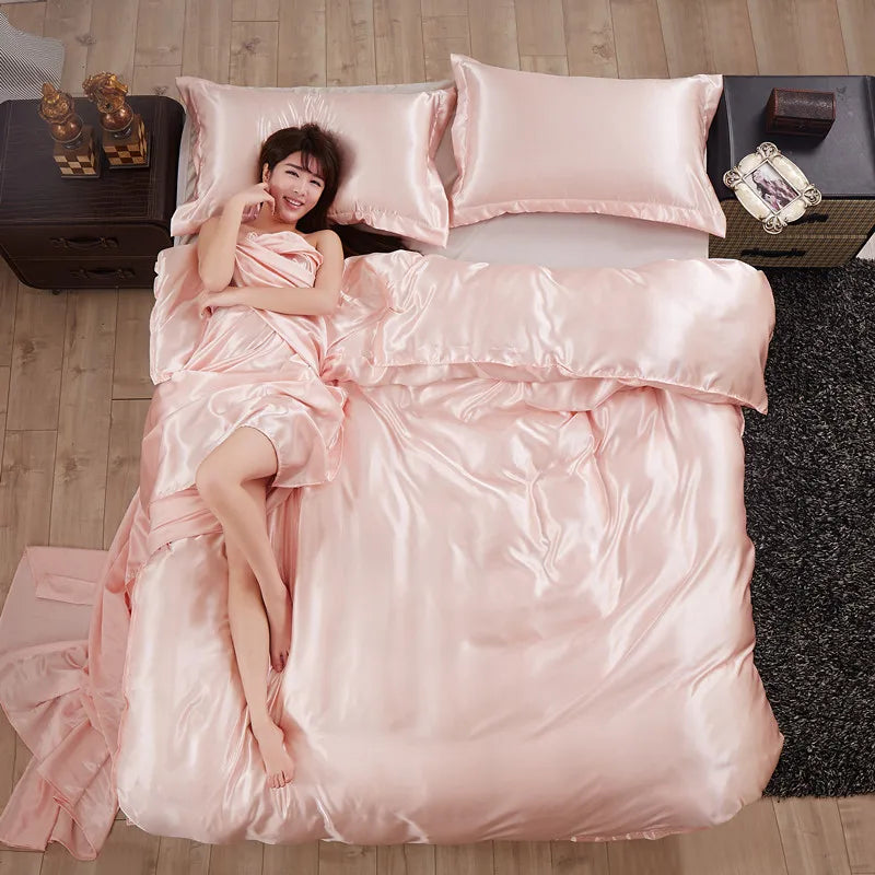 A/B Double-Sided Color Bedding Set Silky Satin Duvet Cover Bed Sheet Pillowcase Luxury Bedsheet King Queen Double Twin Size