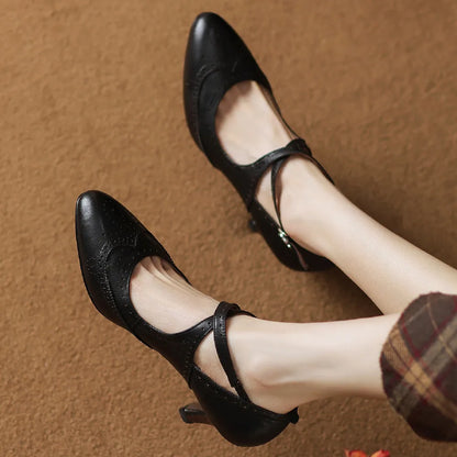 Women's genuine leather thin high heel cross strap carving british style pumps elegant ladies retro daily slim dress pumps shoes
