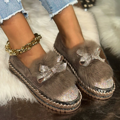 Trend Women Sneakers Furry Crystal Bow  Women Casual Shoes Flat Platform Loafers Short Plush Warm Autumn Winter Sneakers Woman