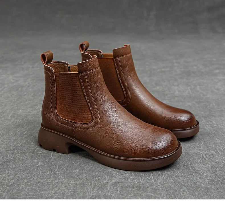 DRKANOL Fashion Women Thick Heel Ankle Boots Autumn Winter Warm Shoes Round Toe Real Cowhide British Style Slip On Chimney Boots