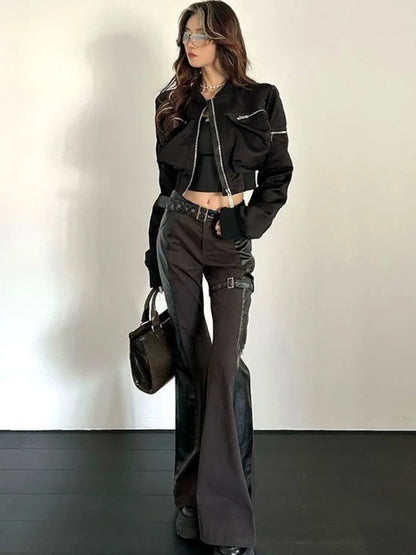 Y2k Bomber Jacket Women Baseball Jersey Jacket Zip Cropped Coat High Waist Spring Autumn Long Sleeve Outerwear Trend Tops Black