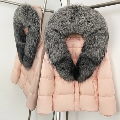 Reality Fur Jacket Real Fur Collar Duck Down Coat Female Winter Hooded Warm Fox Fur Coat Women Natural Raccoon Fur Puffer Jacket