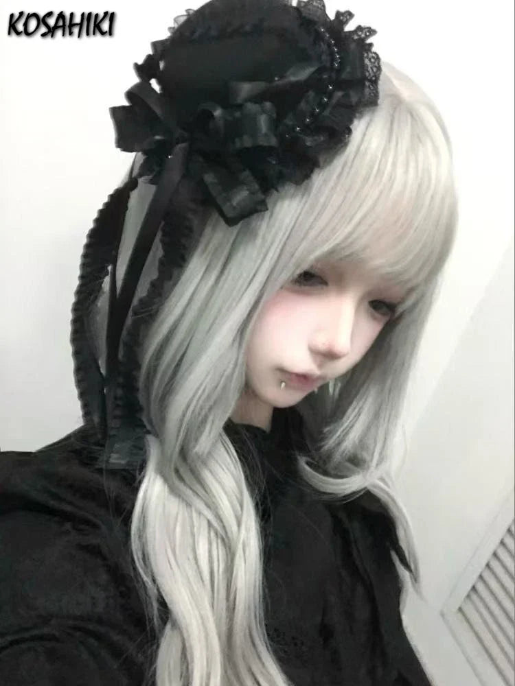 Gothic Lolita Lace Patchwork Headdress Women Cosplay Party Headband Gothic Bow Hat Japanese Y2k Aesthetic Hair Accessories