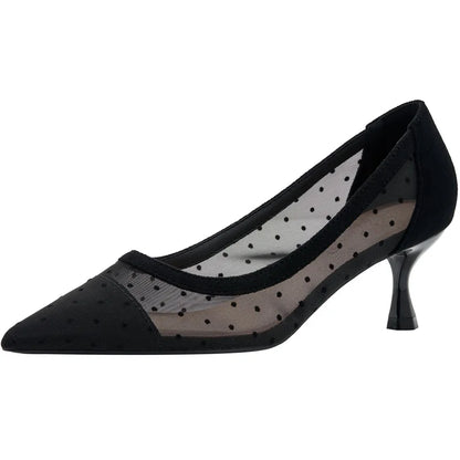 maogu Black Women Pointed Toe High Heel Work Shoes Dot Mesh Vintage Elegant Shallow Stiletto 2023 Spring Summer Thin Heels Pumps