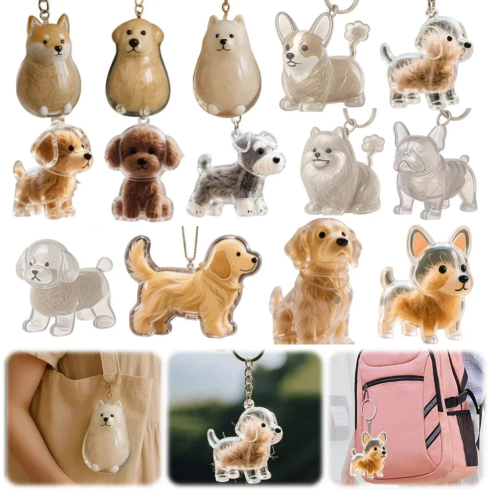 Transparent Cute Dog Pendant Keychain Creative Pet Hair Storage Capsule Hanging Ornament for Pet Lover DIY Pet Memorial Keychain