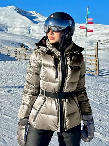 2026 Women Winter Hooded Down Jackets With Belt Lady Warm Thick Long Sleeve Stand Collar Parkas Padded Coats Sports Ski Outdoor