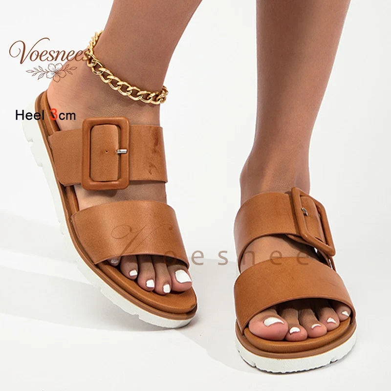 Adjustable Square Buckle Women Slide Sandals Two Strap Platform Slippers Low Heel Soft Sole Summer Open Toe Walking Casual Shoes
