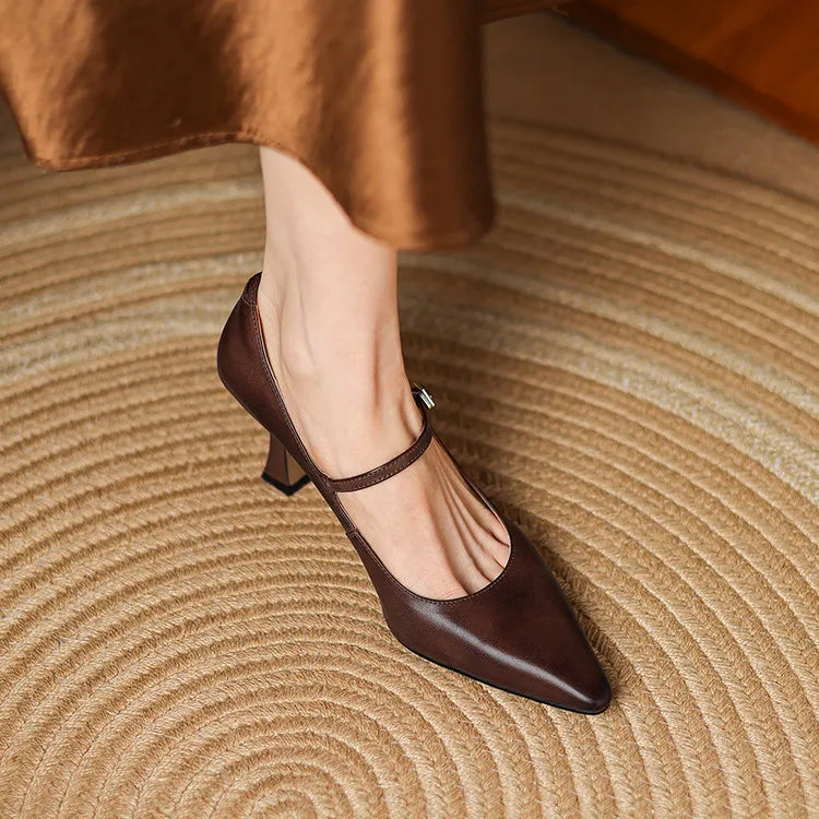 NEW Spring/Autumn Women Pumps Genuine Leather Shoes for Women Pointed Toe Thin Heel Shoes Shallow Buckle Strap Mary Janes Shoes